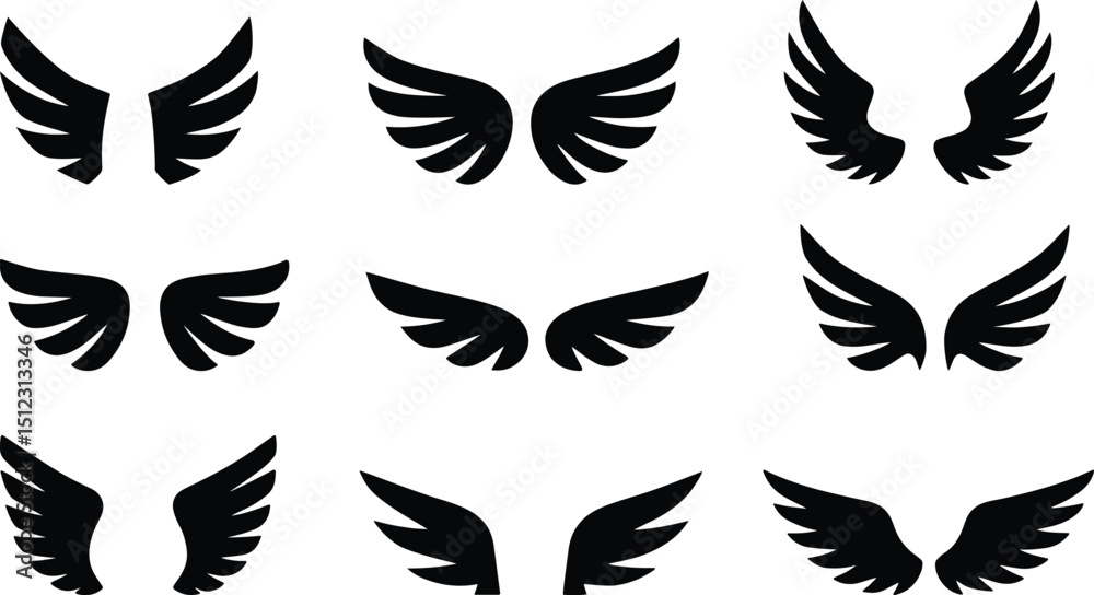 Fototapeta premium Wings icon, Black wing silhouettes, Angel and bird wings icons, Wings collection in different shapes