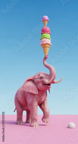 Celebration of national ice cream day with elephant balancing cone in whimsical scene