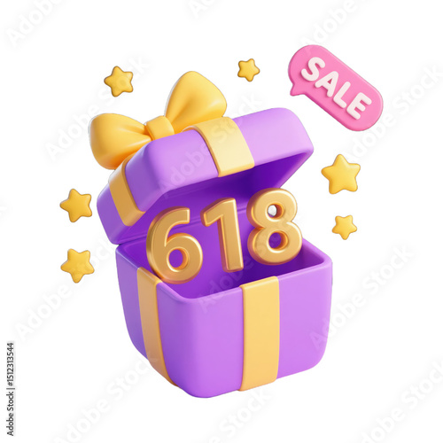 618 Sale Gift Box with Golden Bow and Stars