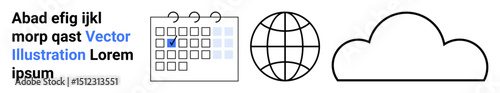 Calendar with selected date, globe symbol, and cloud icon signifying planning, global connectivity, and cloud-based technology. Ideal for scheduling, globalization, cloud storage, digital tools