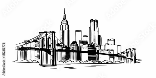 Stylized black and white drawing of the new york city skyline with brooklyn bridge included |eps vectors
