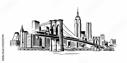 Monochrome depiction of the brooklyn bridge with the new york city skyline in the background artwork style |eps vectors