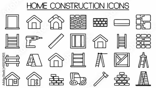 Collection of construction icons including houses, ladders, tools and building materials in outline style |eps vectors