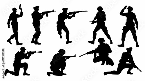 Silhouette illustration of soldiers in various poses holding rifles and pistols in a military setting scene |eps vectors