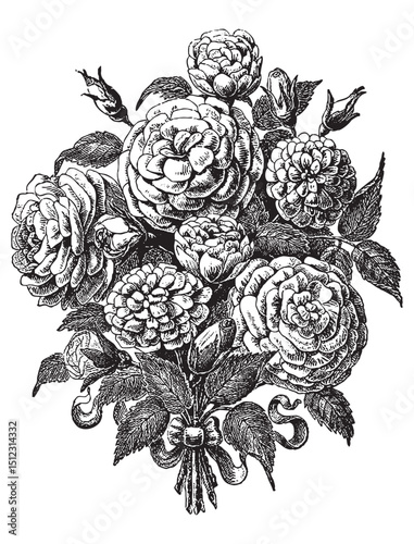 Vintage engraving of bouquet of roses