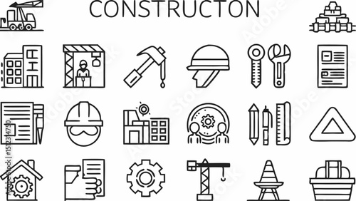 Illustration showcasing various construction related icons including tools buildings and safety equipment |eps vectors