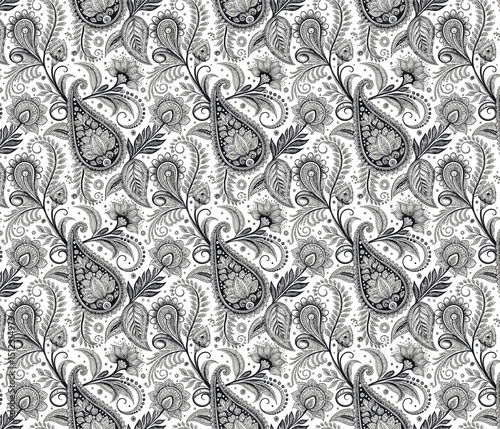 Exquisite hand drawn paisley seamless pattern in black and white for fabric textile design.