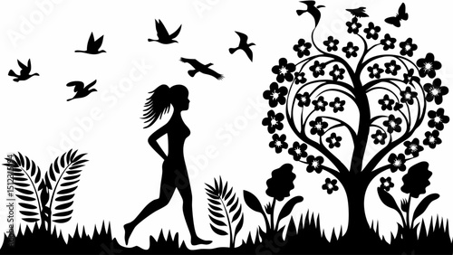 Silhouette of a woman jogging in nature with birds flying and a flowering tree in a black and white scene |eps vectors