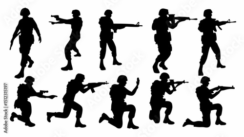 Silhouette collection of soldiers in various poses holding guns and aiming in different directions |eps vectors