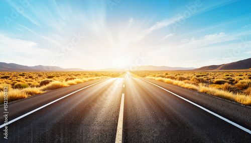 Vast open road leading towards bright sunrise in desert landscape Concept of August heatwave  