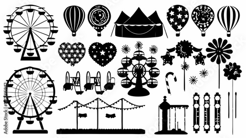 Black and white carnival scene with ferris wheels balloons and other fairground attractions shown in silhouette |eps vectors