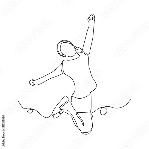 Continuous line drawing of happy kid girl children dancing and jumping. Single one sketch line childhood vector illustration editable stroke