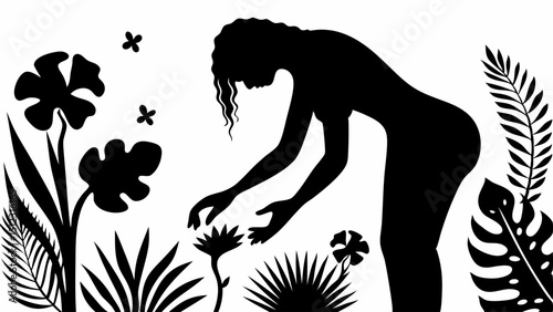 Silhouette of woman tending to flowers and plants in a garden in a monochrome black and white scene |eps vectors