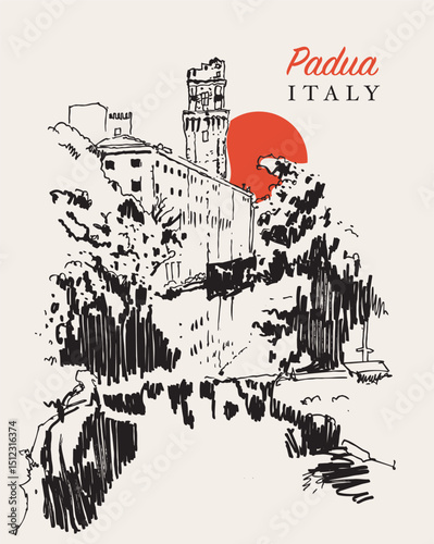 Drawing sketch illustration of Torre Specola in Padua, Veneto, Italy