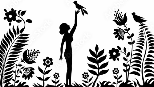 Silhouette of woman reaching for bird surrounded by flowers and foliage in a black and white composition |eps vectors