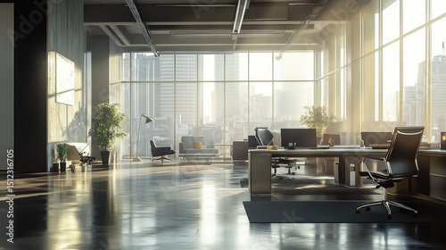 Airy workspace with sunlight pouring through large windows, ultra-modern desks, and sleek black ergonomic office chairs