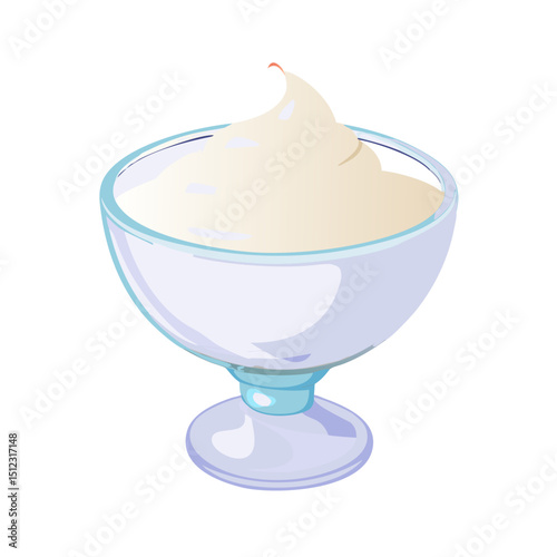 Vector illustration of a creamy yogurt in a delicate glass bowl on white background
