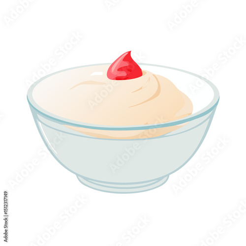 Vector illustration of a creamy yogurt in a delicate glass bowl on white background
