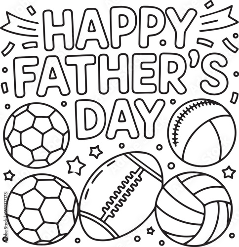 Happy Father’s Day Sports Theme Coloring Page with Football, Soccer, Baseball, and Volleyball