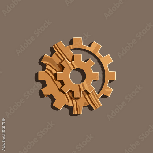Stylized wooden gear design featuring interlocking cogs