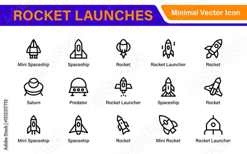 Rocket Launch Icon Pack – Clean Outline, Line Art, and Vector Illustrations for Space Missions, Satellite Launches, and Aerospace Projects