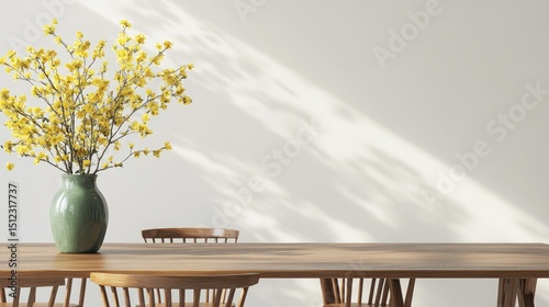 Minimalist dining room with mid-century modern chairs, wooden table and a green vase with yellow spring flowers. Neutral tones and clean styling emphasize natural textures