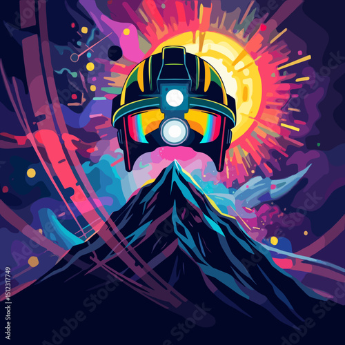 Futuristic mining helmet floating above a vibrant mountain with a cosmic backdrop

