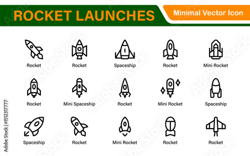 Rocket Launch Icon Pack – Clean Outline, Line Art, and Vector Illustrations for Space Missions, Satellite Launches, and Aerospace Projects