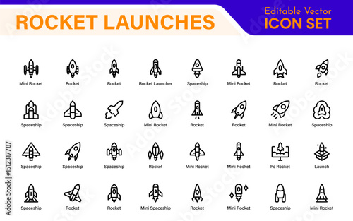 Rocket Launch Icon Pack – Clean Outline, Line Art, and Vector Illustrations for Space Missions, Satellite Launches, and Aerospace Projects