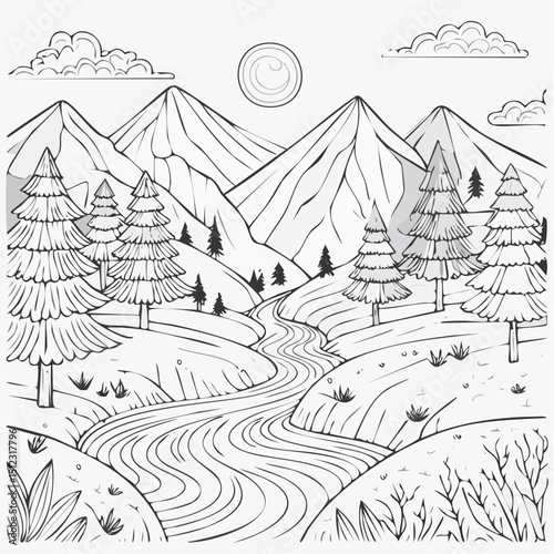  holiday winter forest landscape illustration with snow-covered trees and a cozy house by the river
