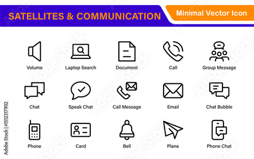 Modern Satellites and Communication Icons – Clean Outline, Line Art, Vector Illustrations for Space Exploration, Technology, and Communication Systems