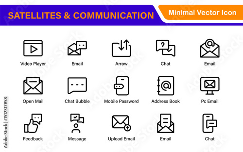 Modern Satellites and Communication Icons – Clean Outline, Line Art, Vector Illustrations for Space Exploration, Technology, and Communication Systems