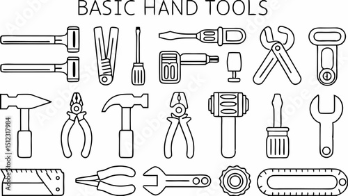 Outline drawing showcasing an assortment of various hand tools including hammers, pliers, and screwdrivers |eps vectors