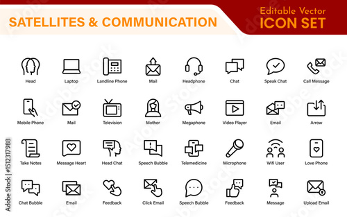 Modern Satellites and Communication Icons – Clean Outline, Line Art, Vector Illustrations for Space Exploration, Technology, and Communication Systems