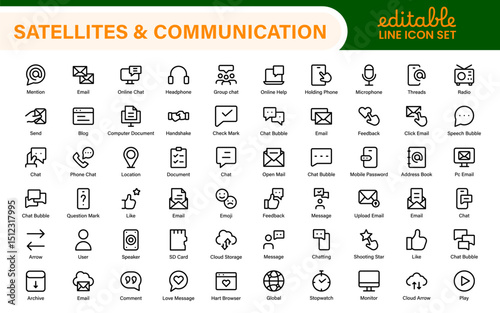 Modern Satellites and Communication Icons – Clean Outline, Line Art, Vector Illustrations for Space Exploration, Technology, and Communication Systems