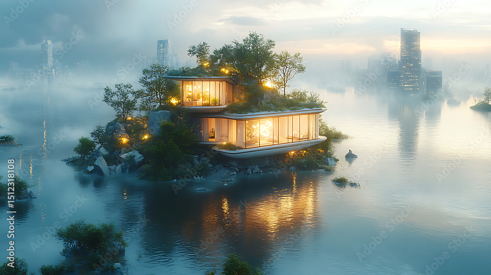 Obraz premium Suspended eco-floating home hovering over symbolic debris of collapsed buildings bright lighting sharp detail concept image