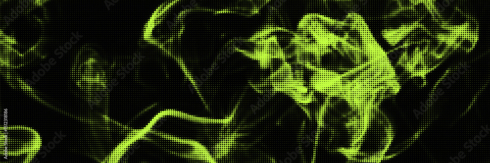 Fototapeta premium Grunge halftone overlay background with smoke or fire motion texture. Acid green color y2k aesthetics. Vector backdrop design template and creative projects