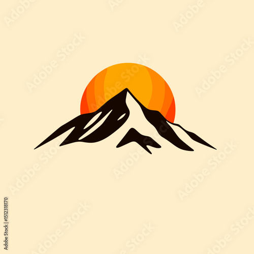 Stylized mountain silhouette with a rising sun on a light background