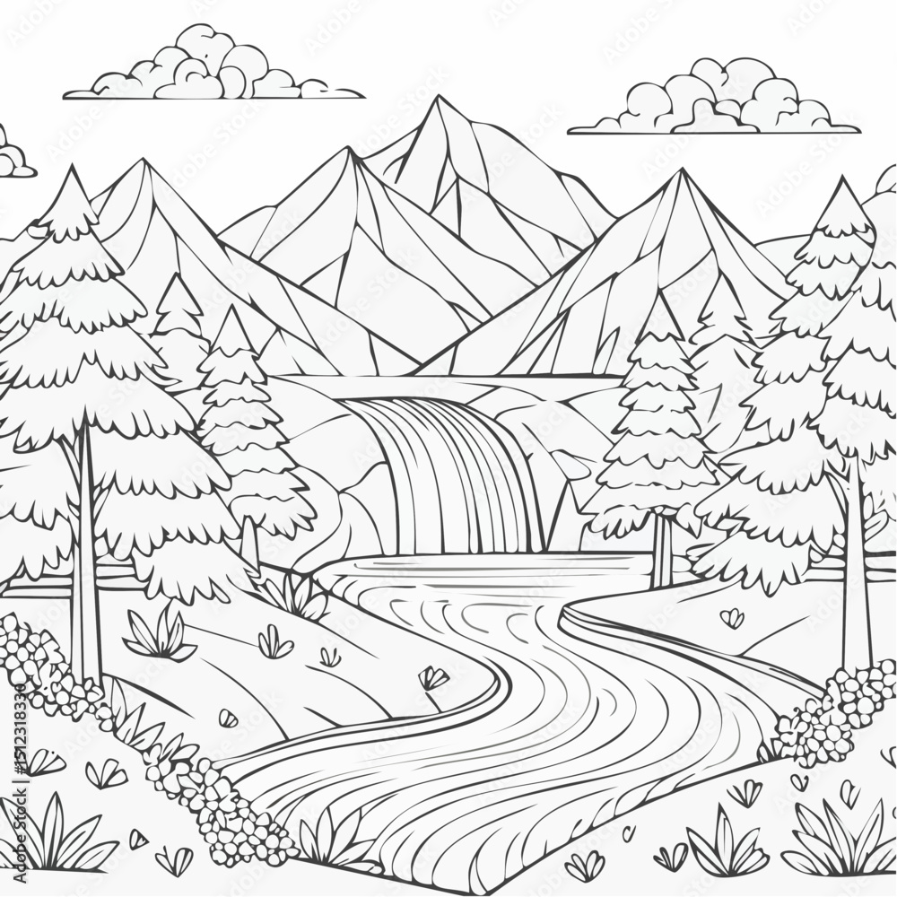 Fototapeta premium Winter landscape vector drawing with mountains, trees, and a village house