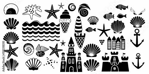 Collection of various nautical themed clip art including seashells, starfish, waves, and sea creatures |eps vectors