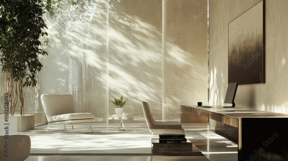 Obraz premium Light-filled workplace with elegant neutral tones, expansive collaborative surfaces, and private zones behind glass