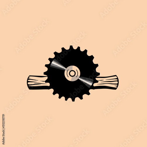 Stylized saw blade graphic with wooden handles on a beige background