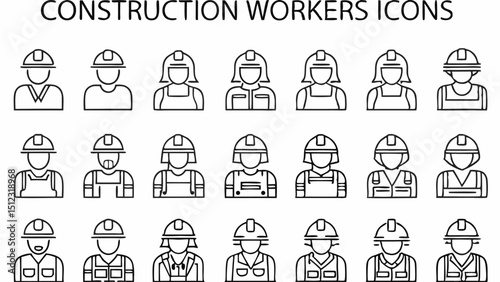 Collection of construction worker icons in outline style showing diverse clothing and helmet styles present |eps vectors