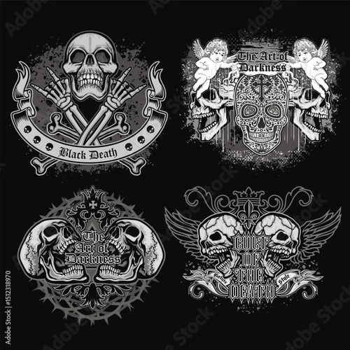 set, gothic sign with skull, grunge vintage design t shirts