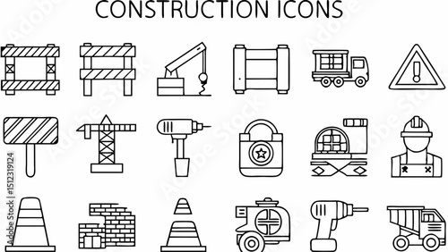 Outline construction icons depicting various tools equipment and safety measures in a line art style set |eps vectors