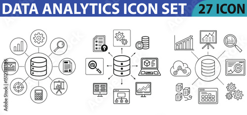 Data analytics icon set. Containing database, statistics, analysis, server, financial, SEO, monitoring, graph, hosting, data mining and more. Editable line icons. Vector illustration.
