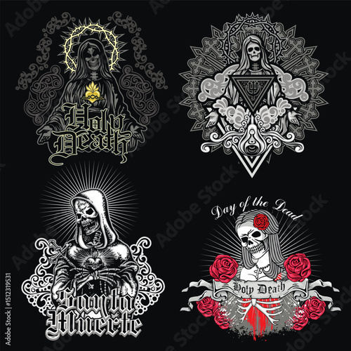 set, gothic sign with skull, grunge vintage design t shirts
