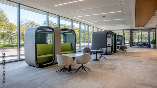 Open workspace featuring private glass pods, communal tables, and green accents blending with beige and gray design elements