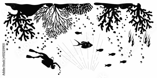 Silhouette illustration featuring a scuba diver exploring a coral reef with fish and bubbles underwater |eps vectors