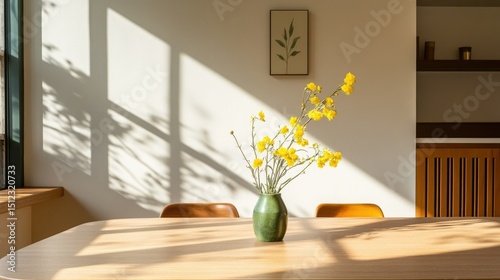 Softly lit dining room with clean modern lines, tan wood table, minimalist decor, and a small green vase filled with yellow blooms